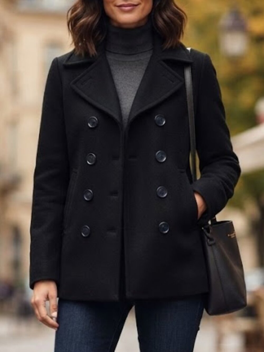 Mario Serrani Italy Black Wool Blend Pea Coat Jacket Size Medium M Plaid Lining